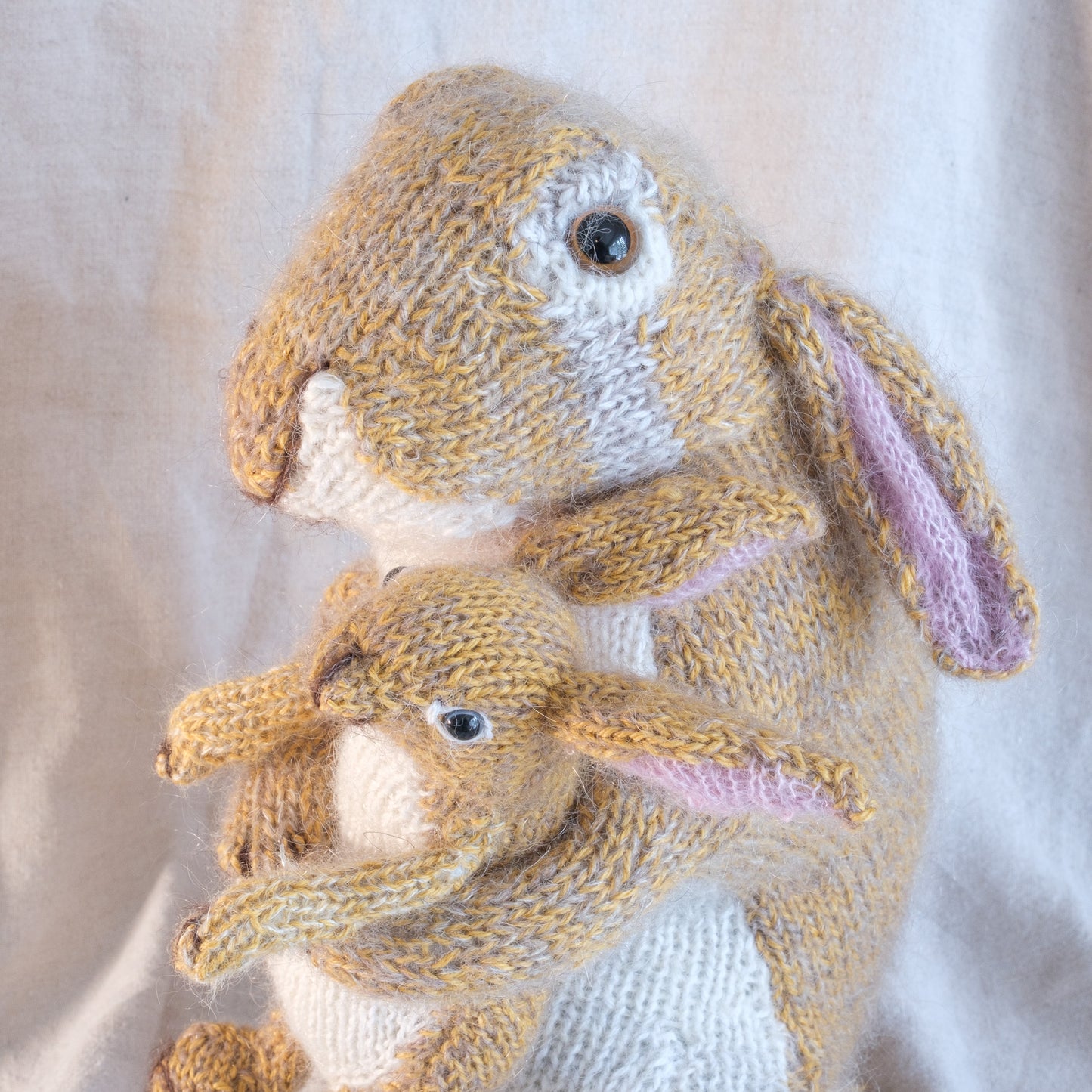 Moon Hares hand knitted in Silk and Alpaca yarns