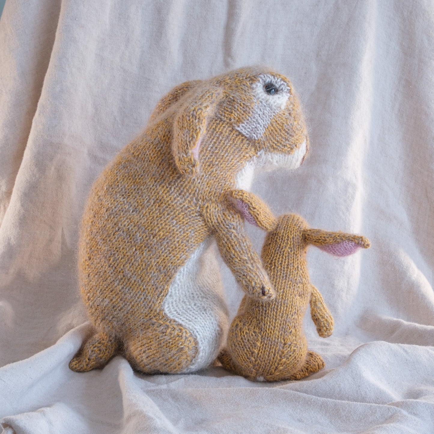 Moon Hares hand knitted in Silk and Alpaca yarns