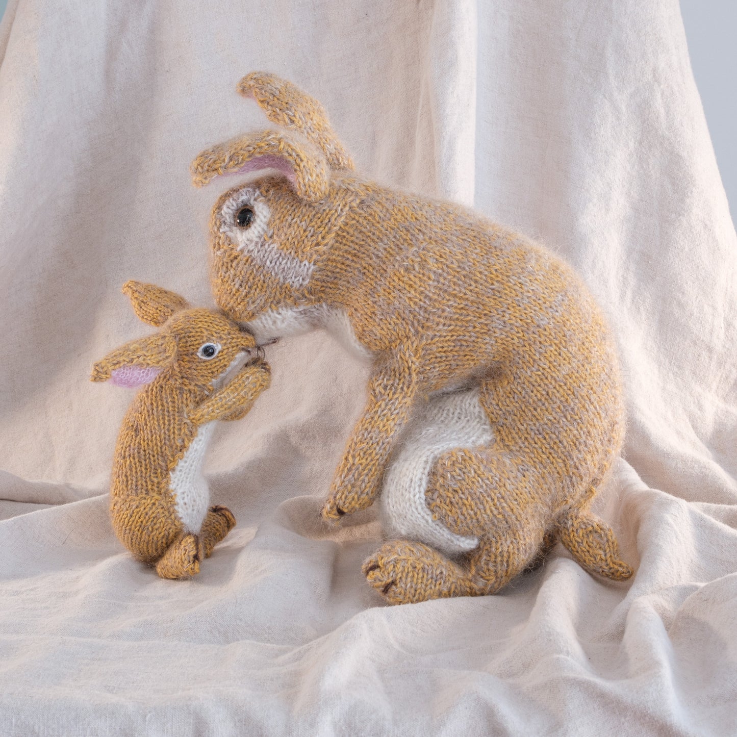 Moon Hares hand knitted in Silk and Alpaca yarns