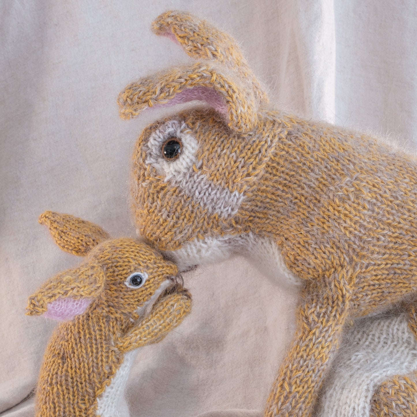 Moon Hares hand knitted in Silk and Alpaca yarns