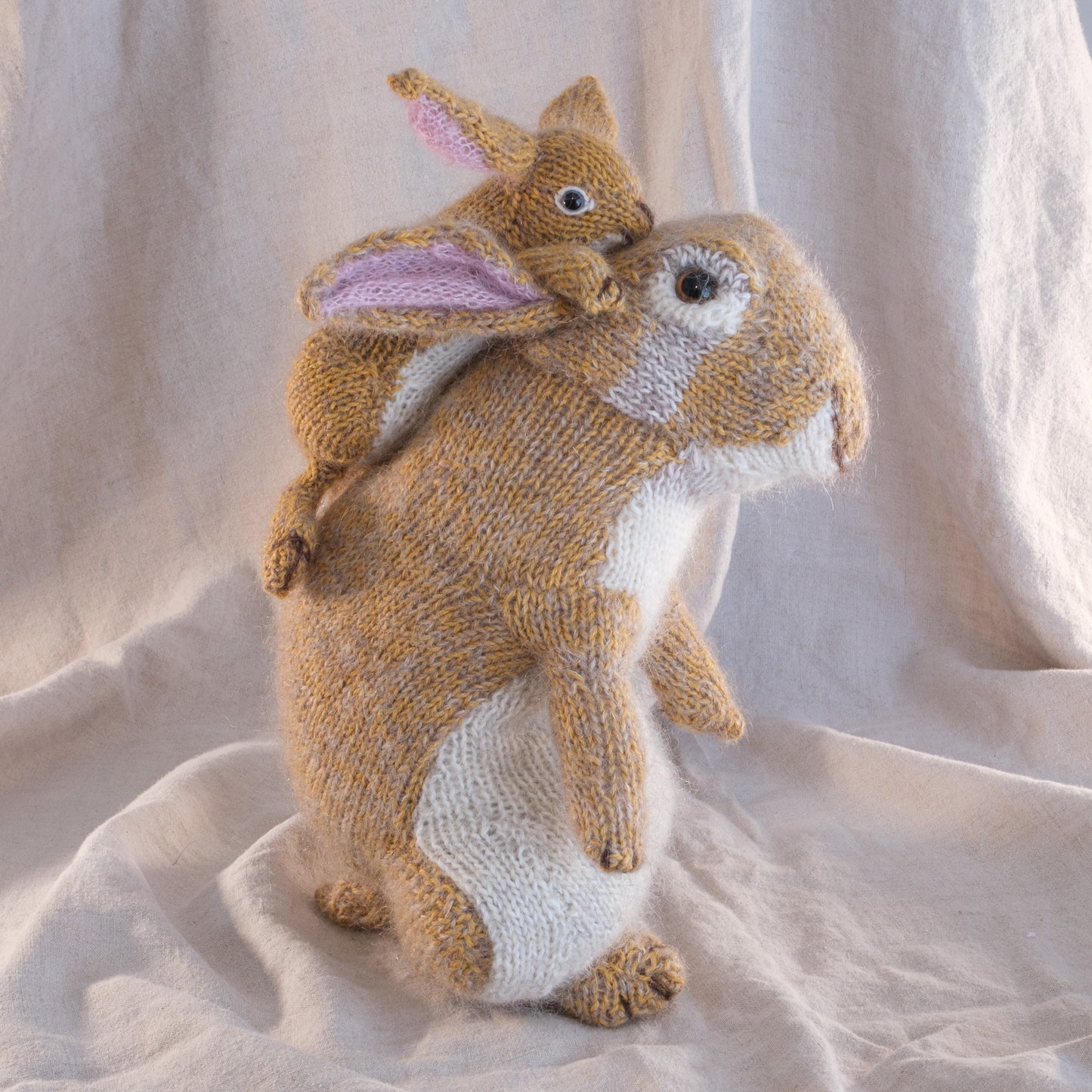 Moon Hares hand knitted in Silk and Alpaca yarns