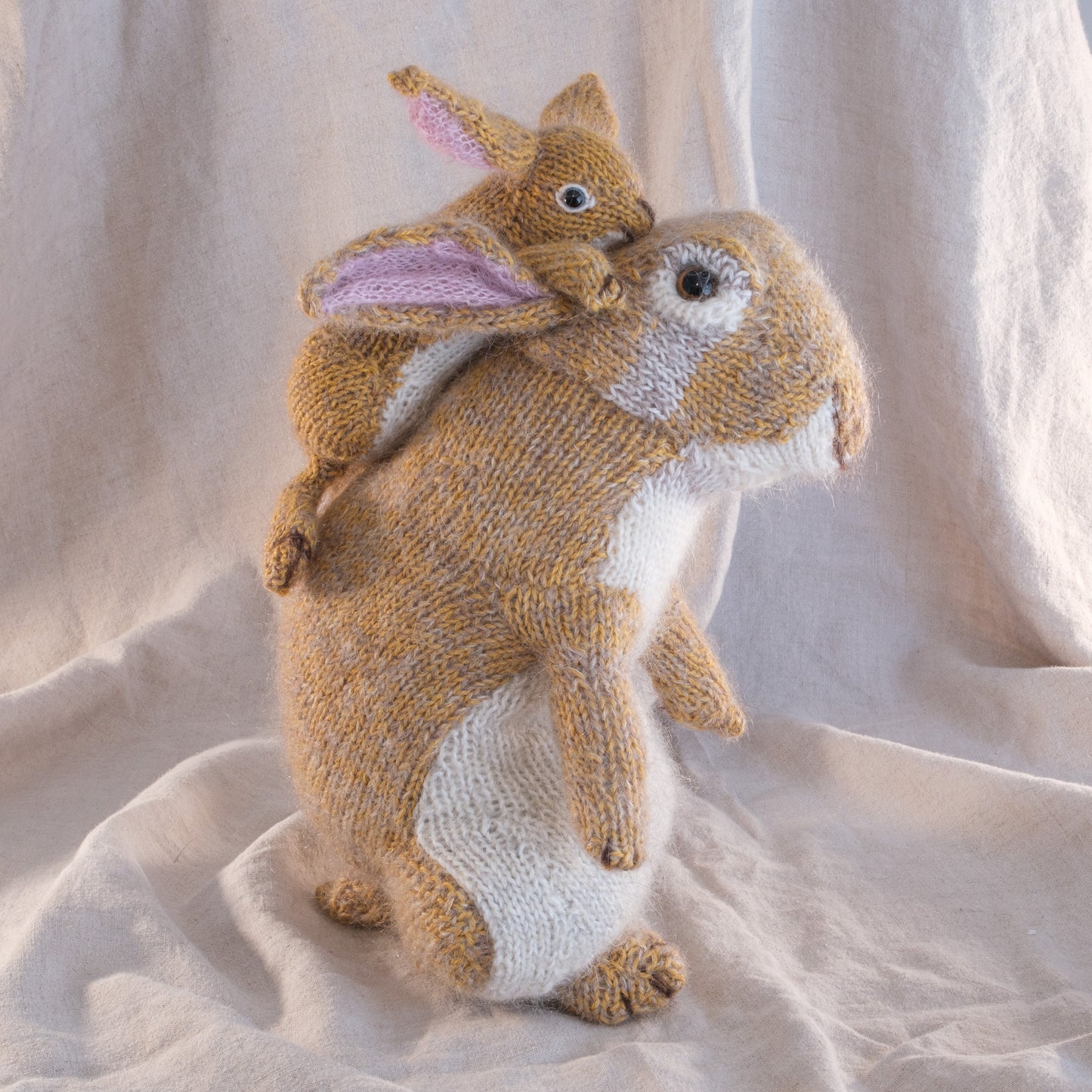 Moon Hares hand knitted in Silk and Alpaca yarns