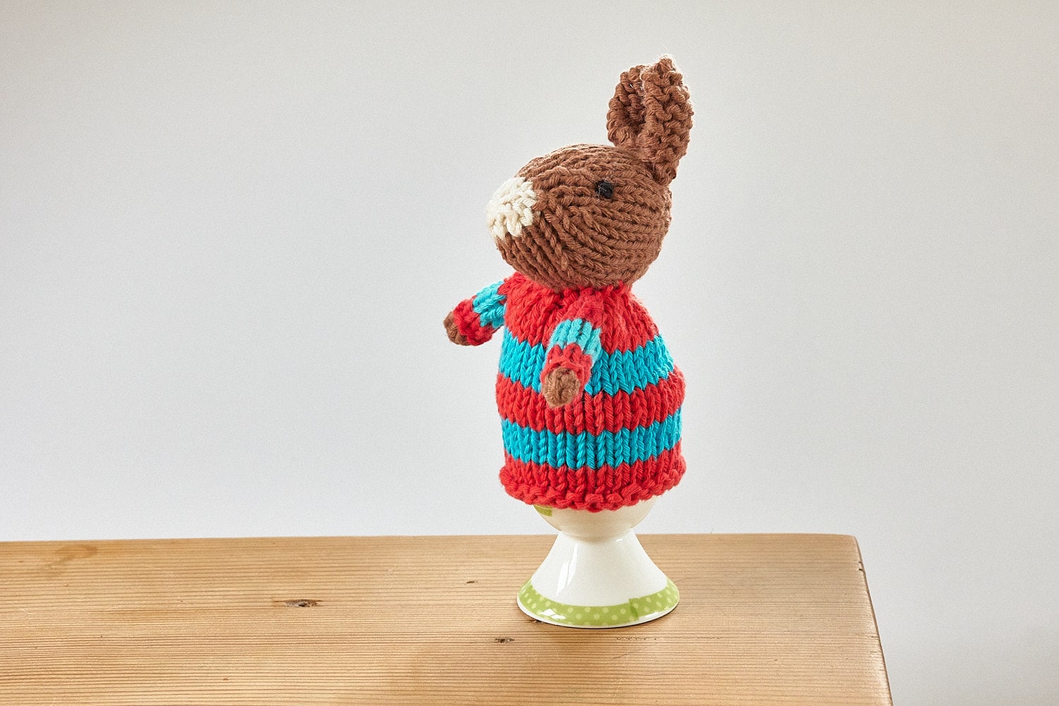 Egg cosy Rabbits by Rupert's House - hand knitted in washable cotton yarn.