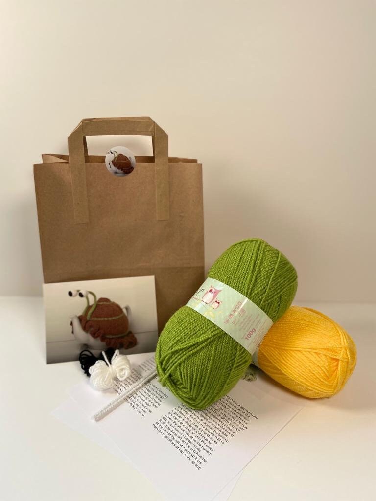 DIY Snail Tea Cosy Kit - Makes two reversable colours complete with yarn, pattern, instructions and accessories