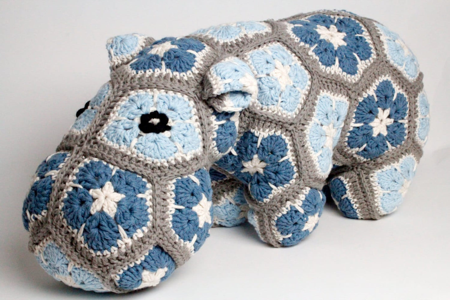 Crochet Hippo cushion door stop pillow. Extra large size  in super soft recycled cotton yarn.