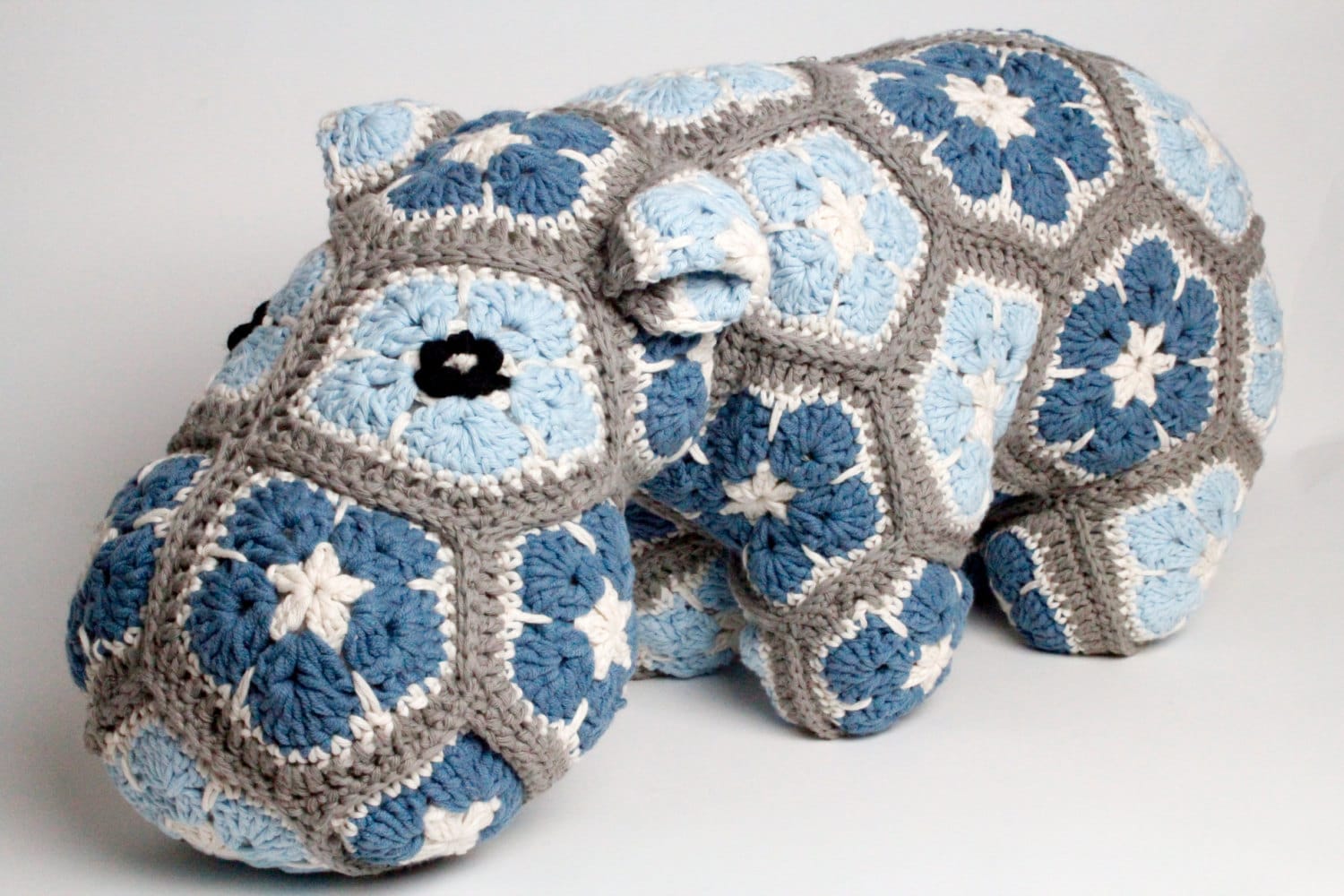Crochet Hippo cushion door stop pillow. Extra large size  in super soft recycled cotton yarn.