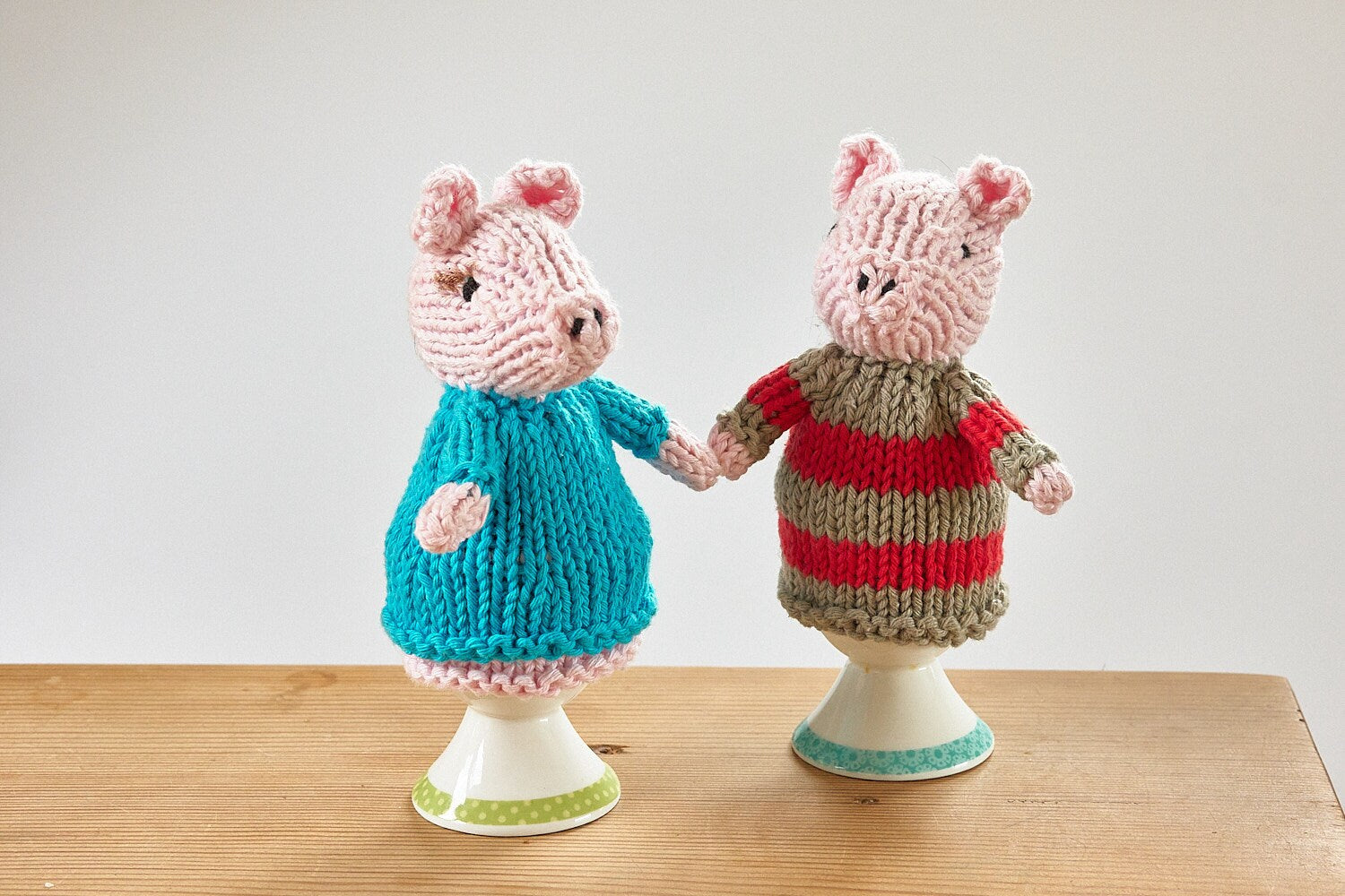 Egg cosy pigs by Rupert's House - hand knitted in washable cotton yarn.