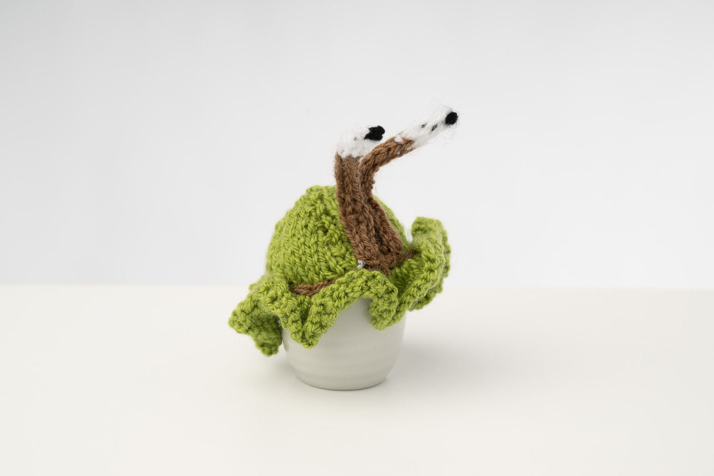 Knitted green snail egg cosy with frilly bottom. Washable fits 6 cup and 2 cup pots.