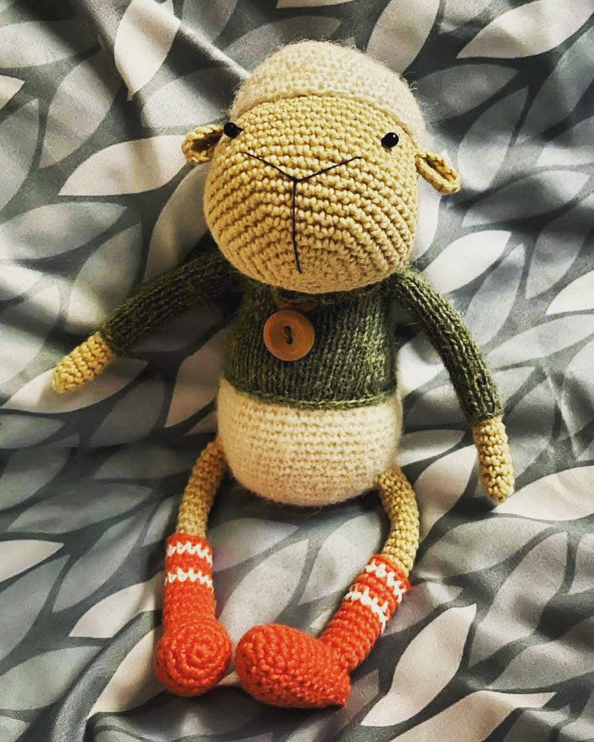 Larry Lamb hand crochet character complete with hand knitted sweater