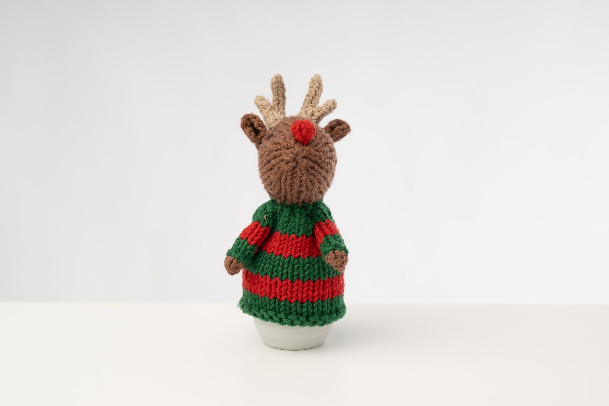 Rudolph and Santa hand knitted egg cosies by Ruperts House in washable cotton yarn