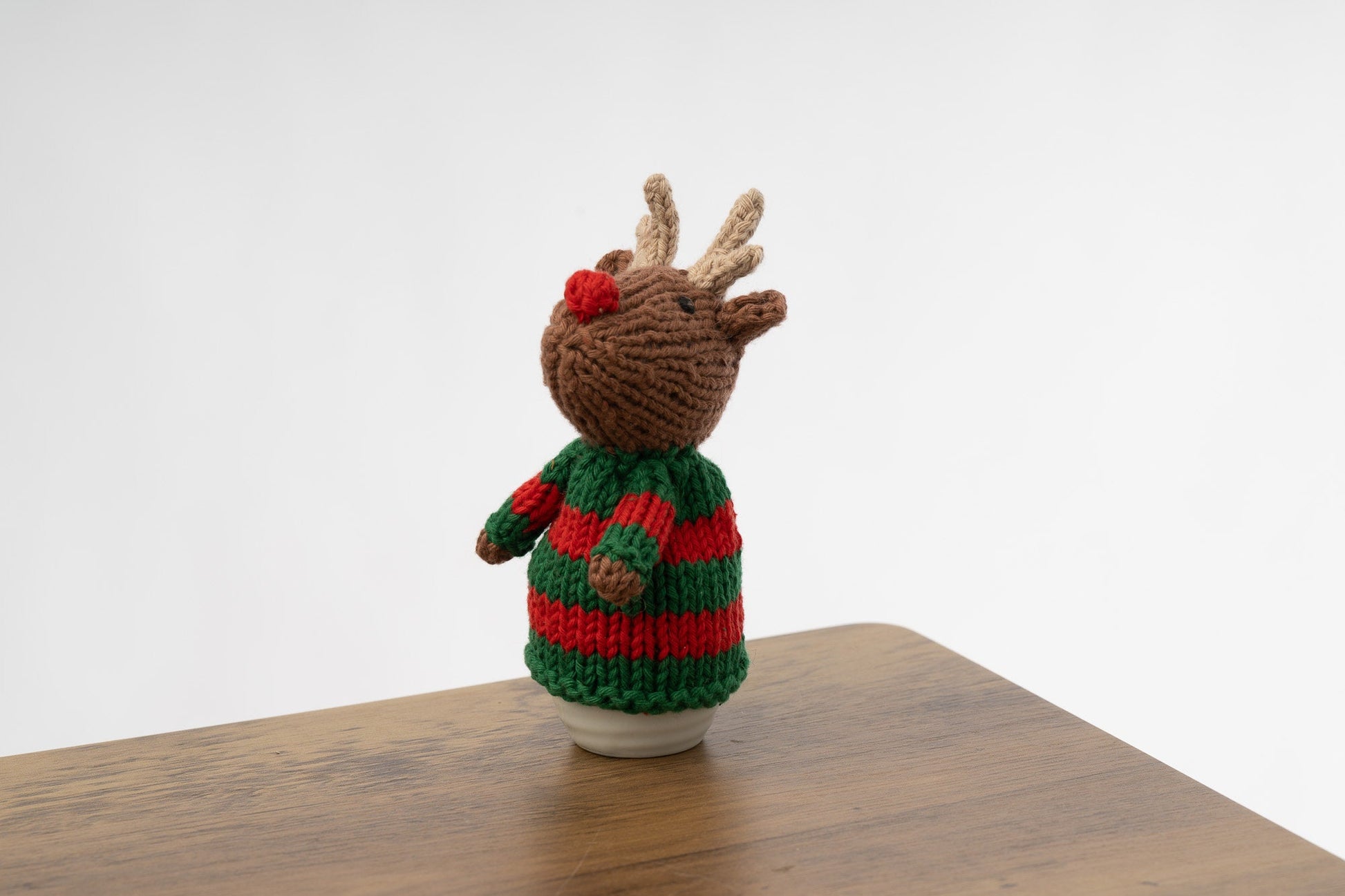 Rudolph and Santa hand knitted egg cosies by Ruperts House in washable cotton yarn
