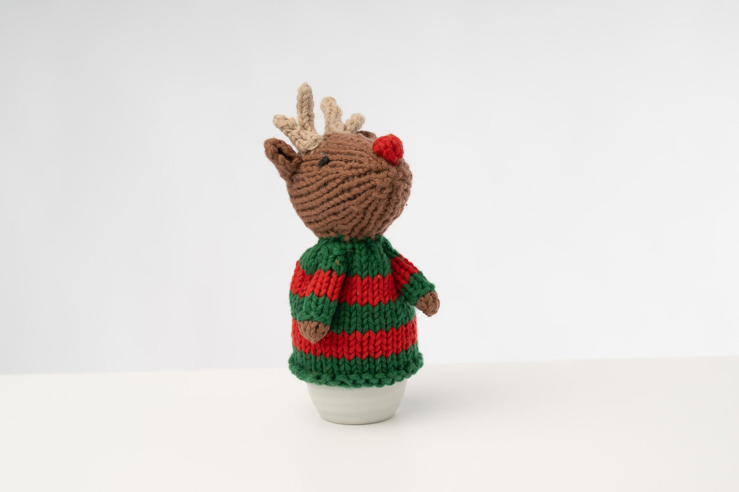 Rudolph and Santa hand knitted egg cosies by Ruperts House in washable cotton yarn