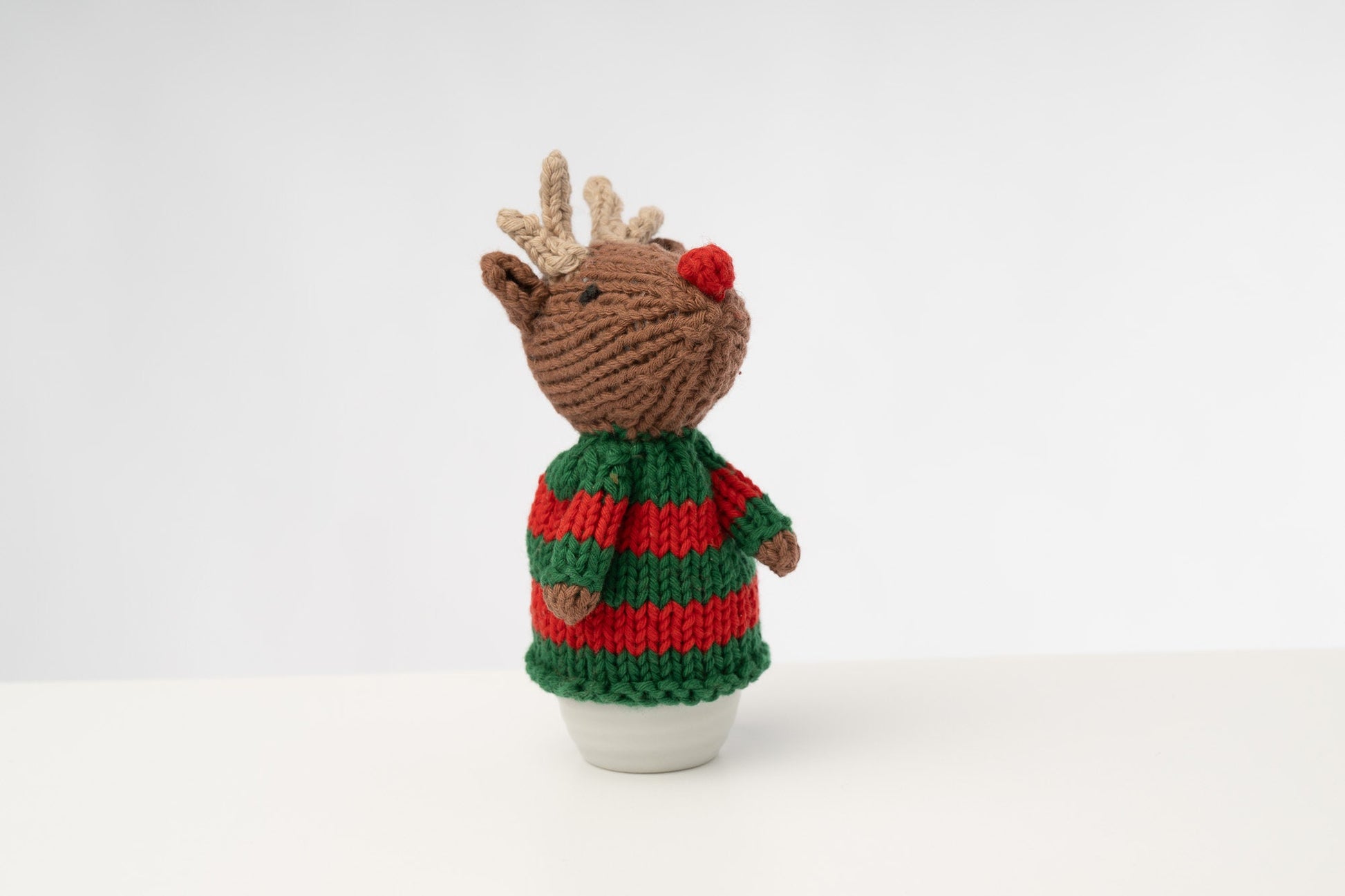 Rudolph and Santa hand knitted egg cosies by Ruperts House in washable cotton yarn