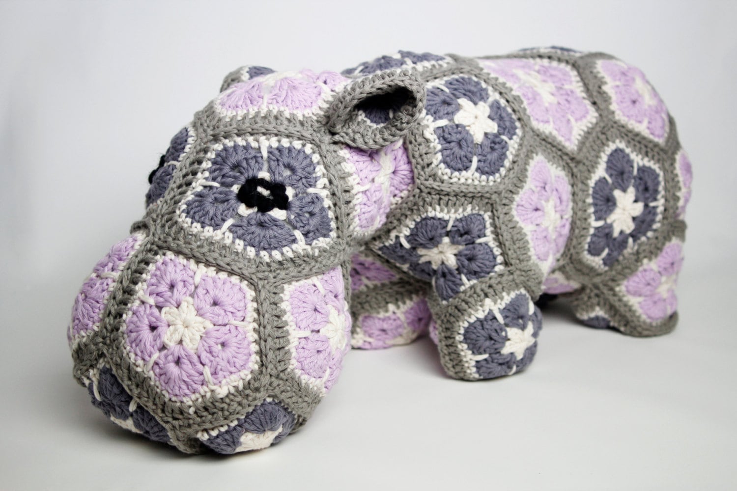 Crochet Hippo cushion door stop pillow. Extra large size  in super soft recycled cotton yarn.