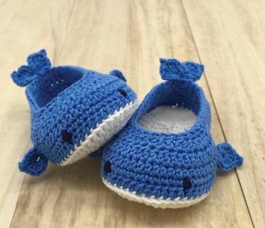 Whale Of A Time baby boots hand crocheted n 100% natural cotton yarn