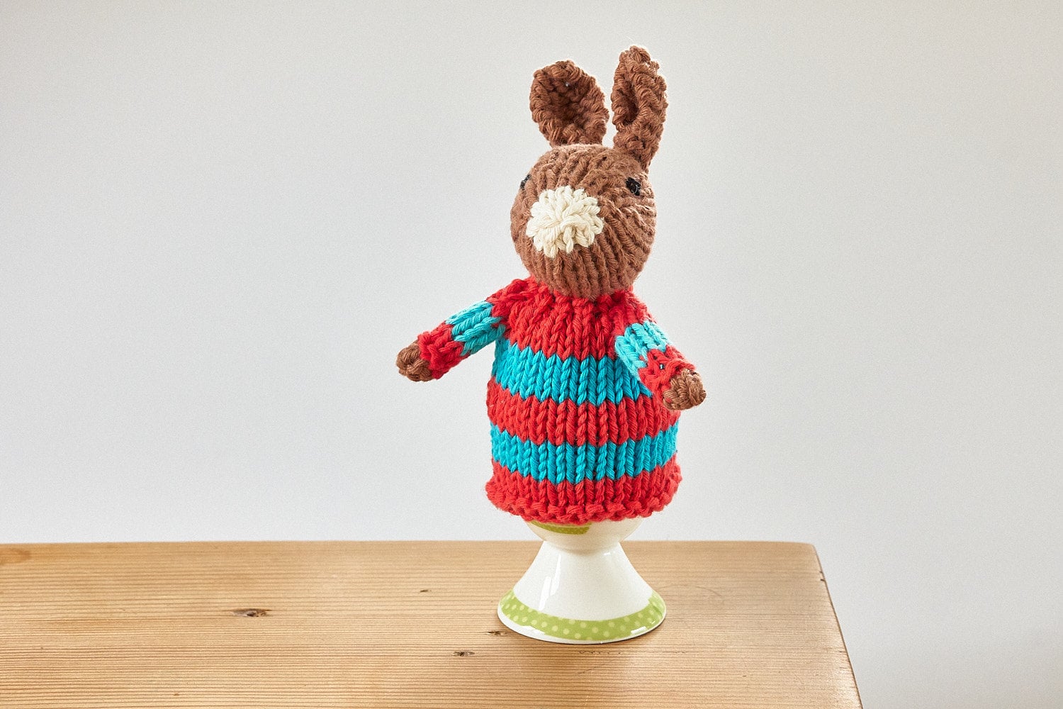 Egg cosy Rabbits by Rupert's House - hand knitted in washable cotton yarn.